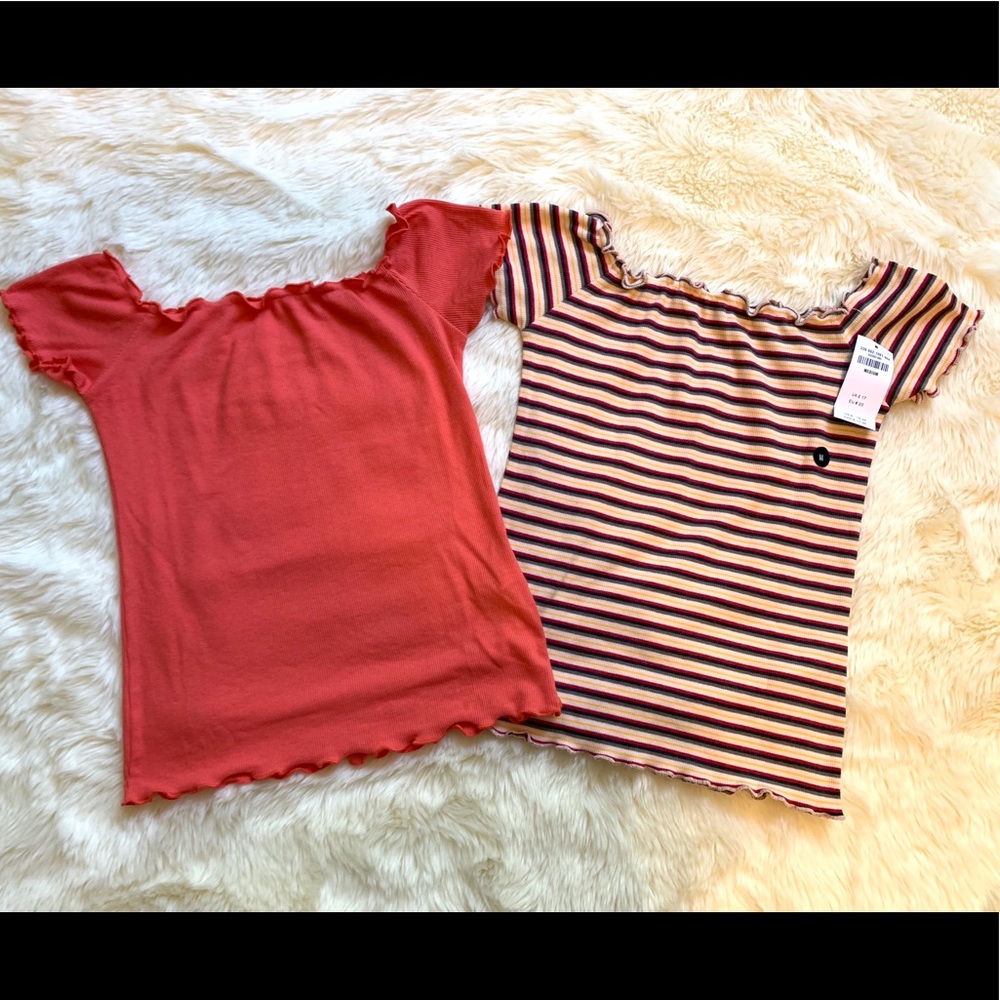 Coral And Striped Off The Shoulder Ruffle Tee